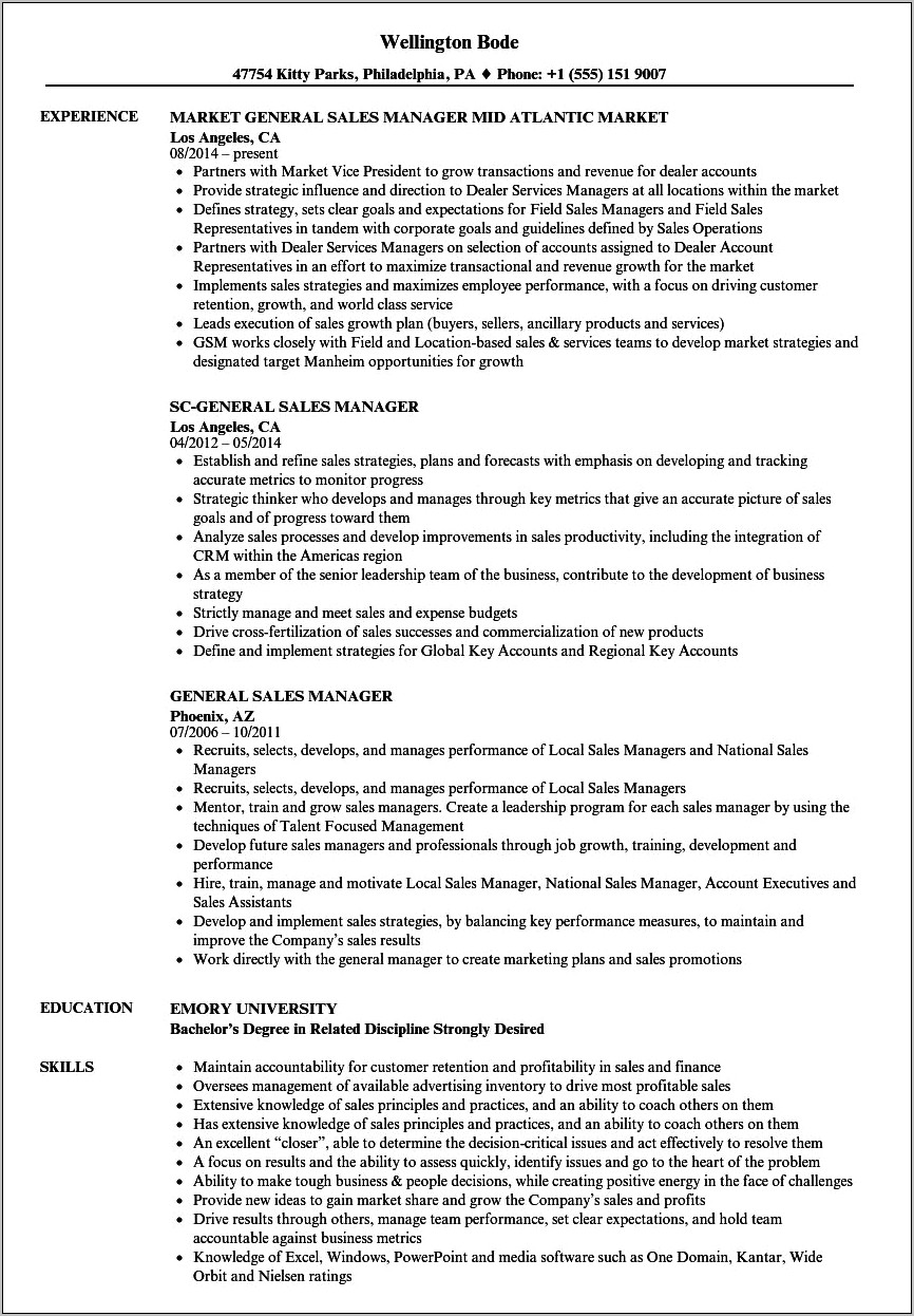 Assistant General Manager Of Auto Dealership Resume