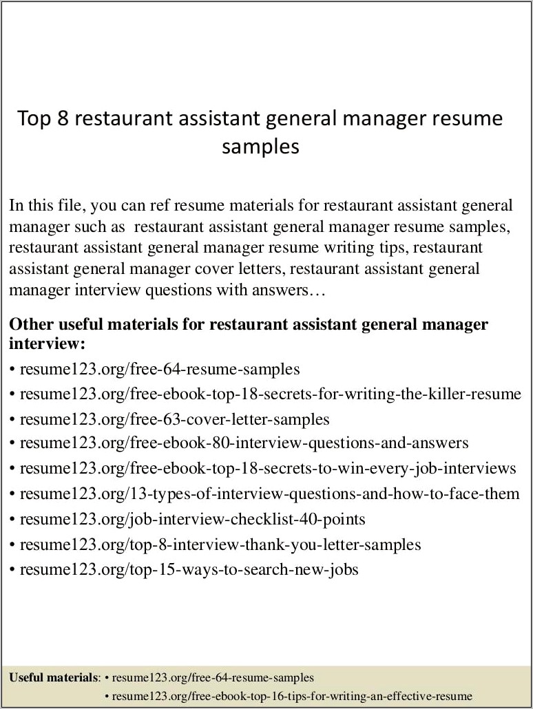 Assistant General Manager Restaurant Resume Sample