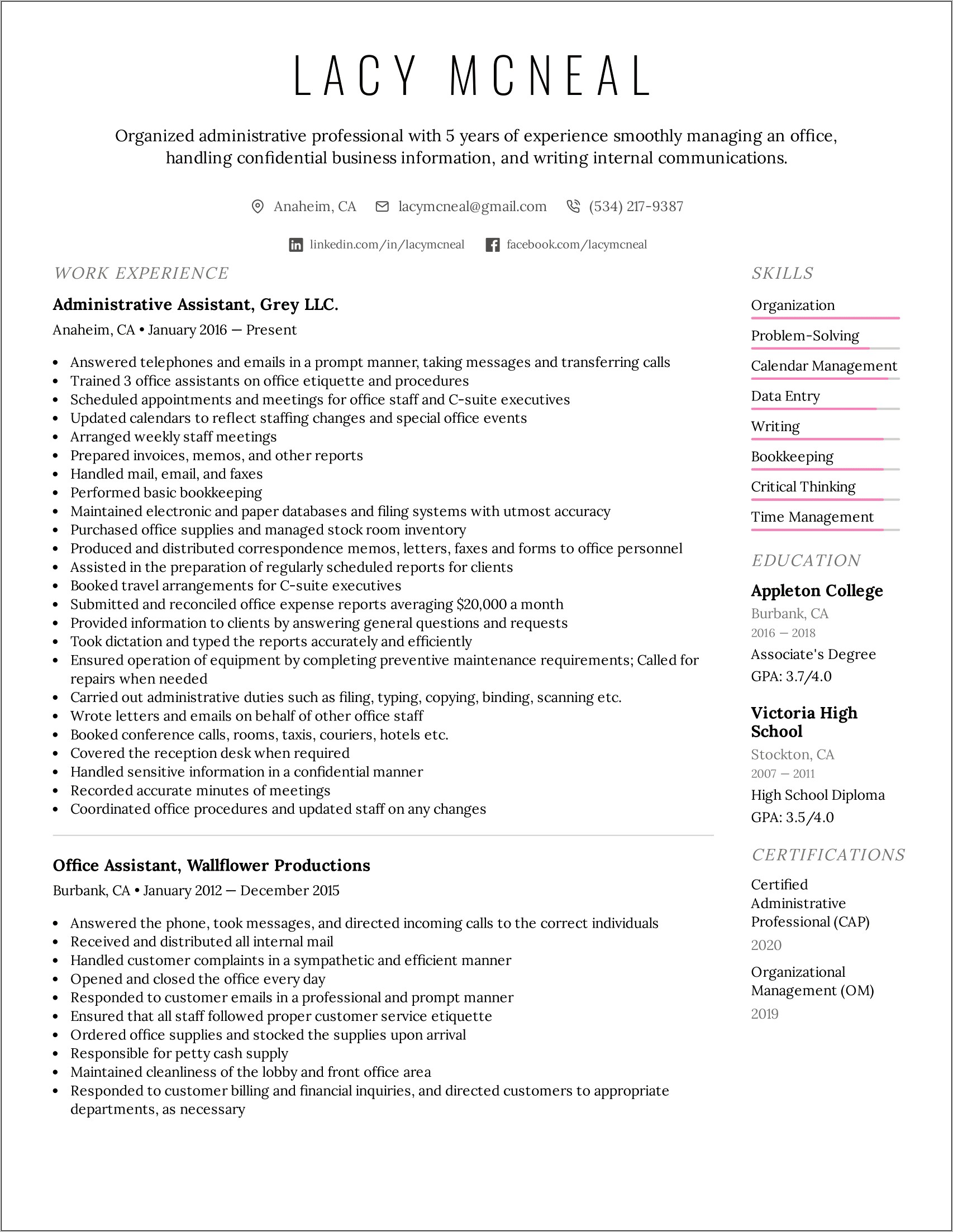 Assistant Information To Put On Resume