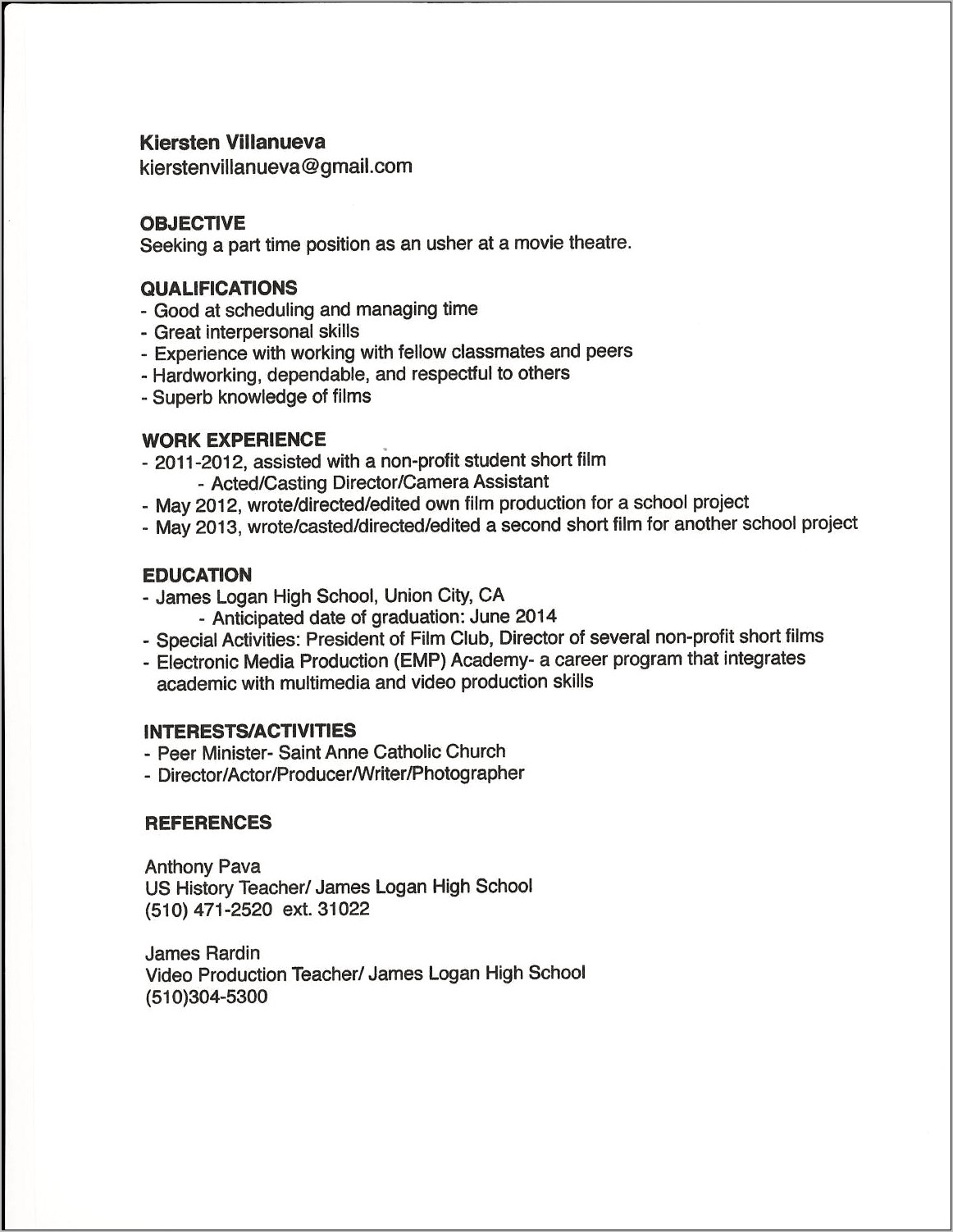 Assistant Manager At Movie Theater Resume