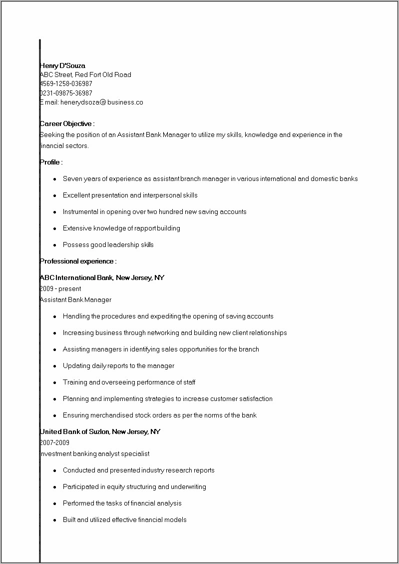 Assistant Manager Duties And Responsibilities For Resume