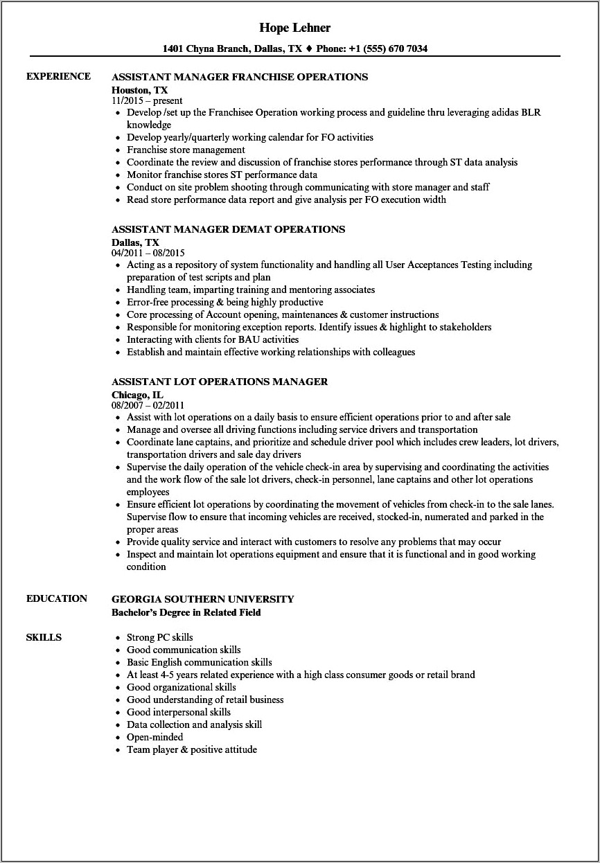 Assistant Manager Job Description Retail Resume