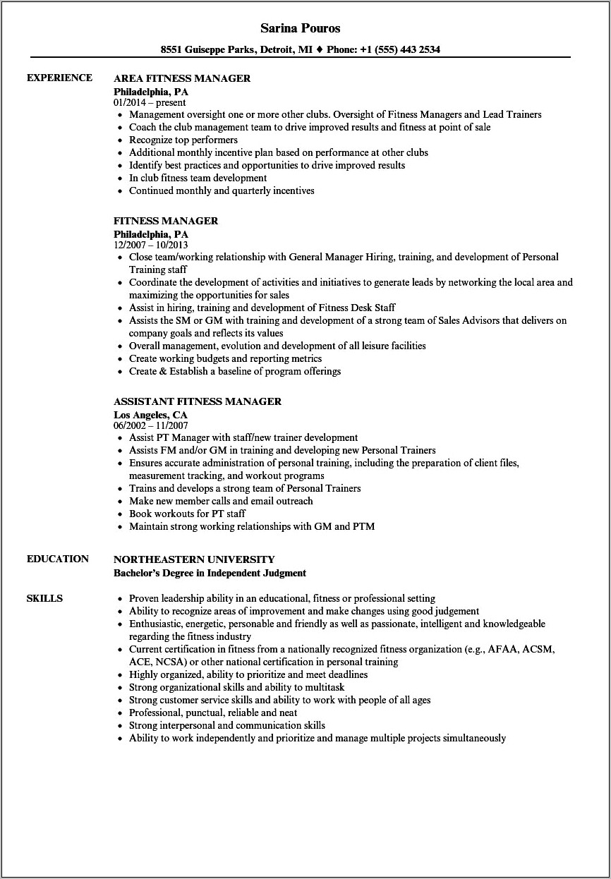 Assistant Manager Of Fitness Gym Sample Resume