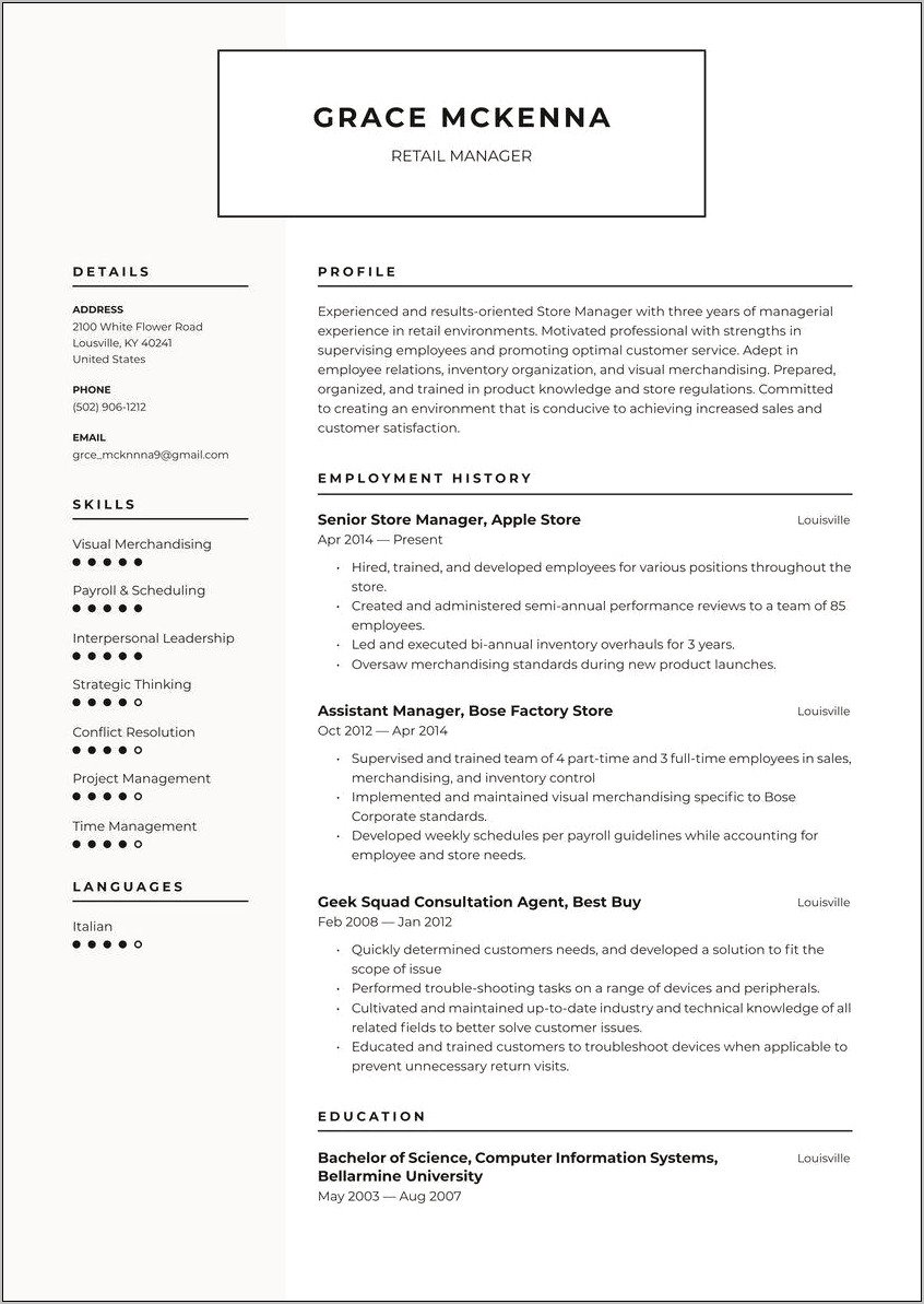 Assistant Manager S Store Manager On A Resume
