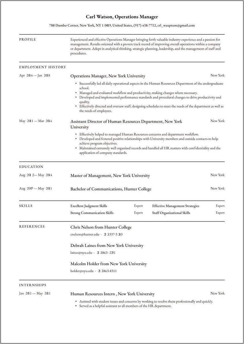 Assistant Operations Manager Sample Resume