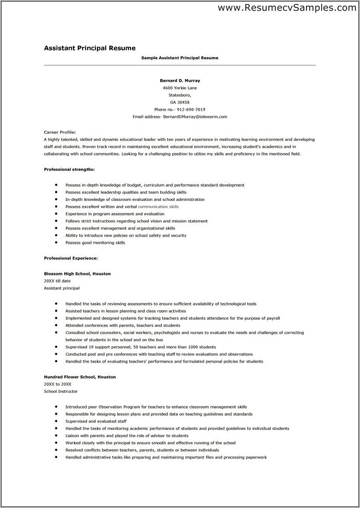 Assistant Principal Job Cv Or Resume