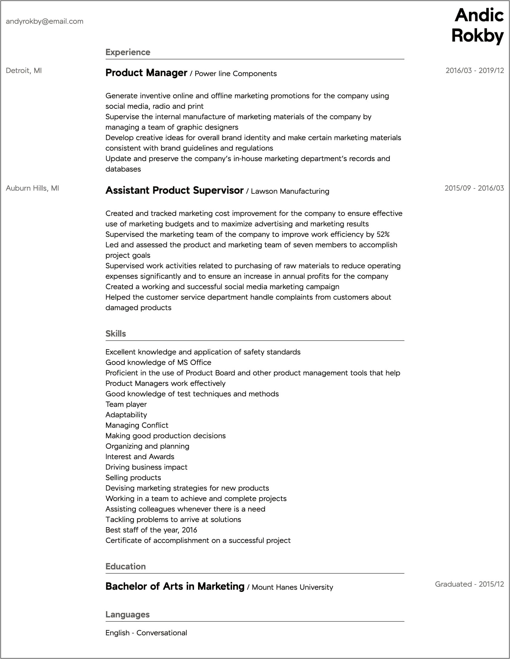 Assistant Product Manager Resume Format