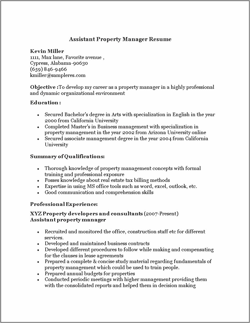 Assistant Property Manager Job Description For Resume Objective