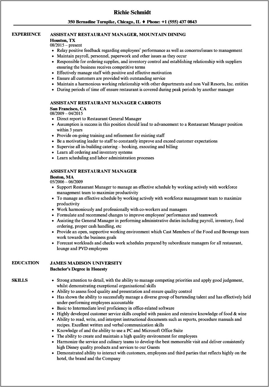 Assistant Restaurant Manager Duties And Responsibilities For Resume