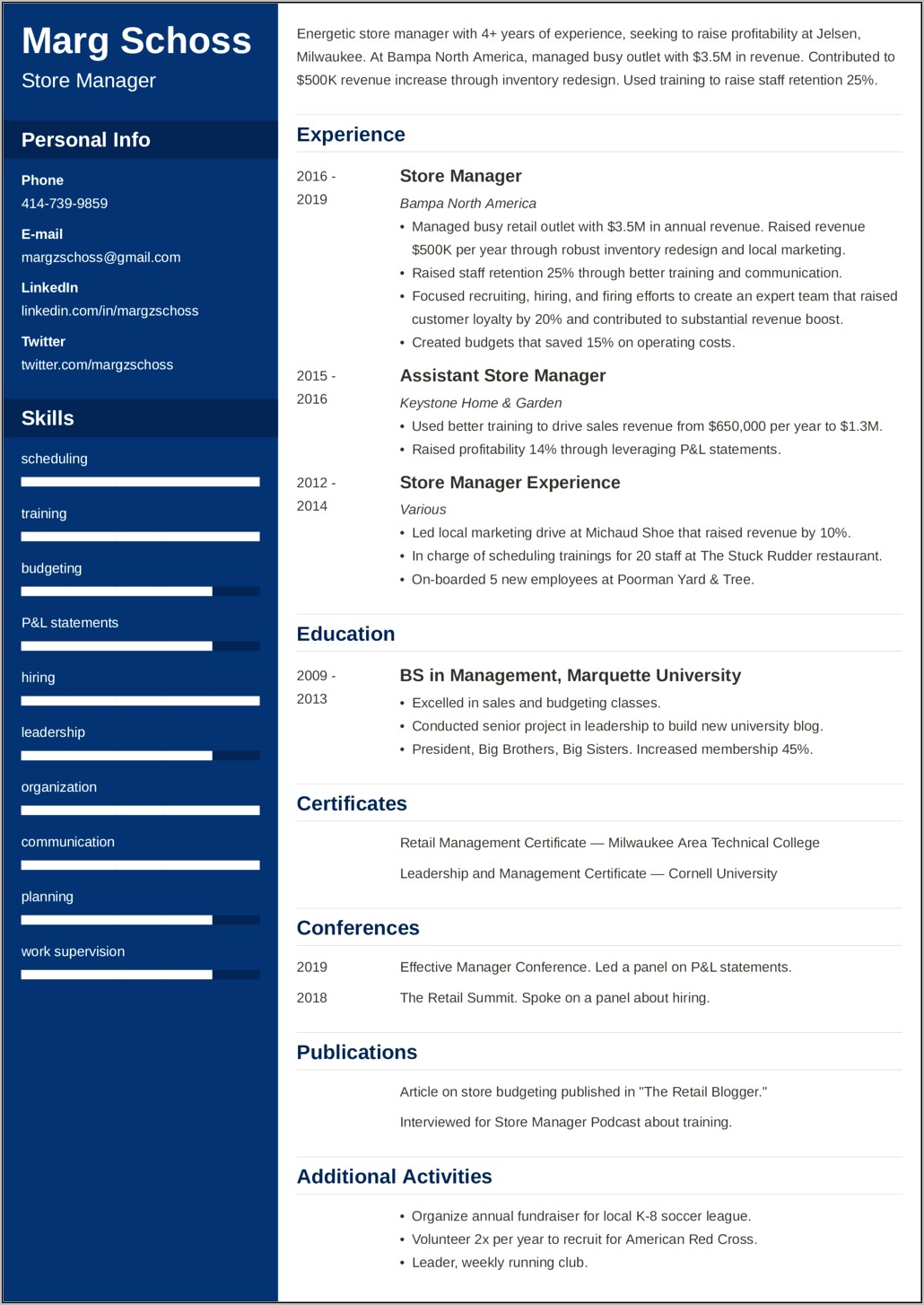 Assistant Store Manager Retail Resume Sample