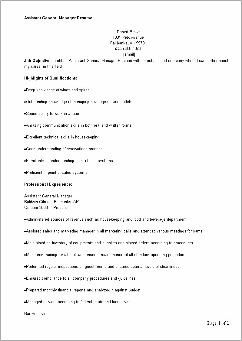 Assistant Supervisor As A Skill Resume