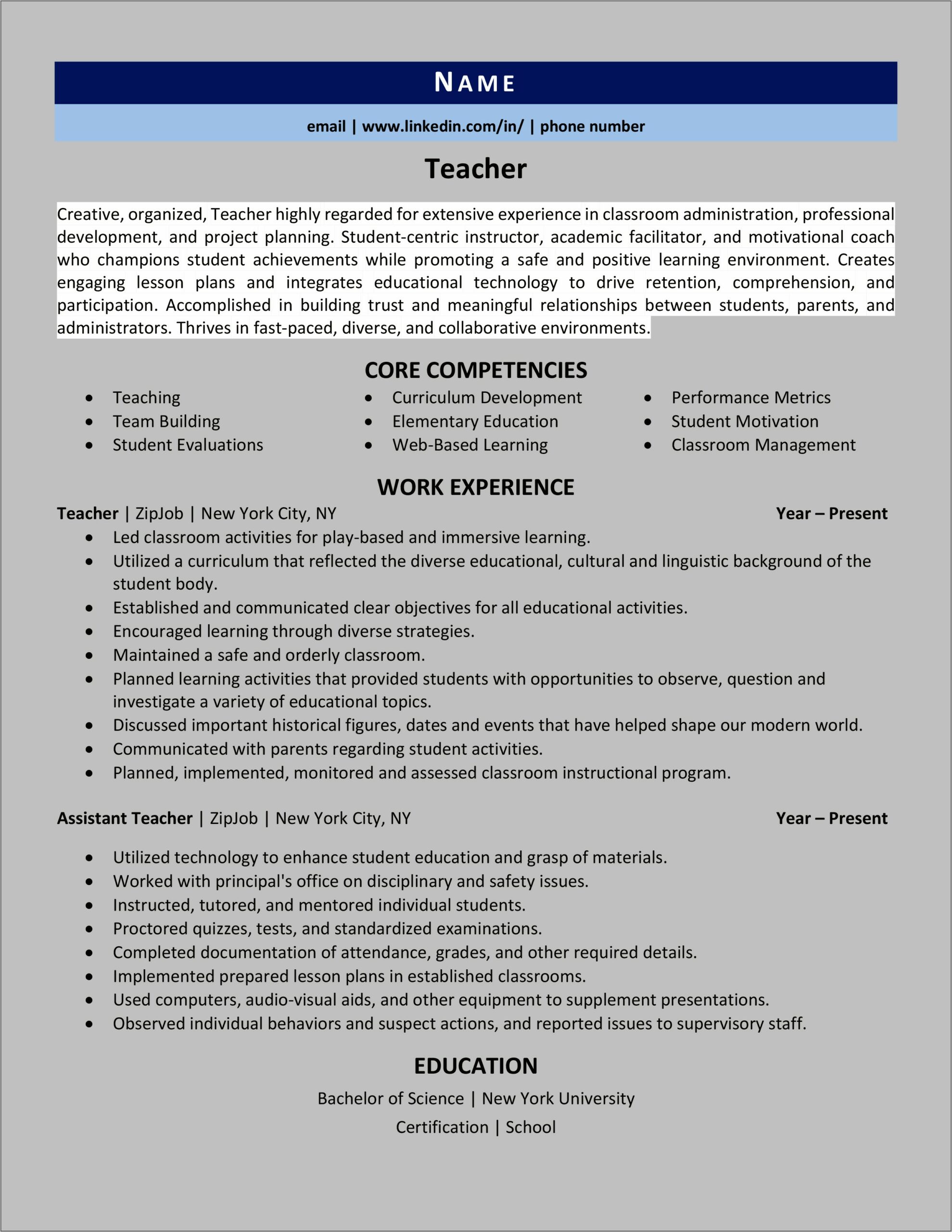 Assistant Teacher Skills And Abilities Resume
