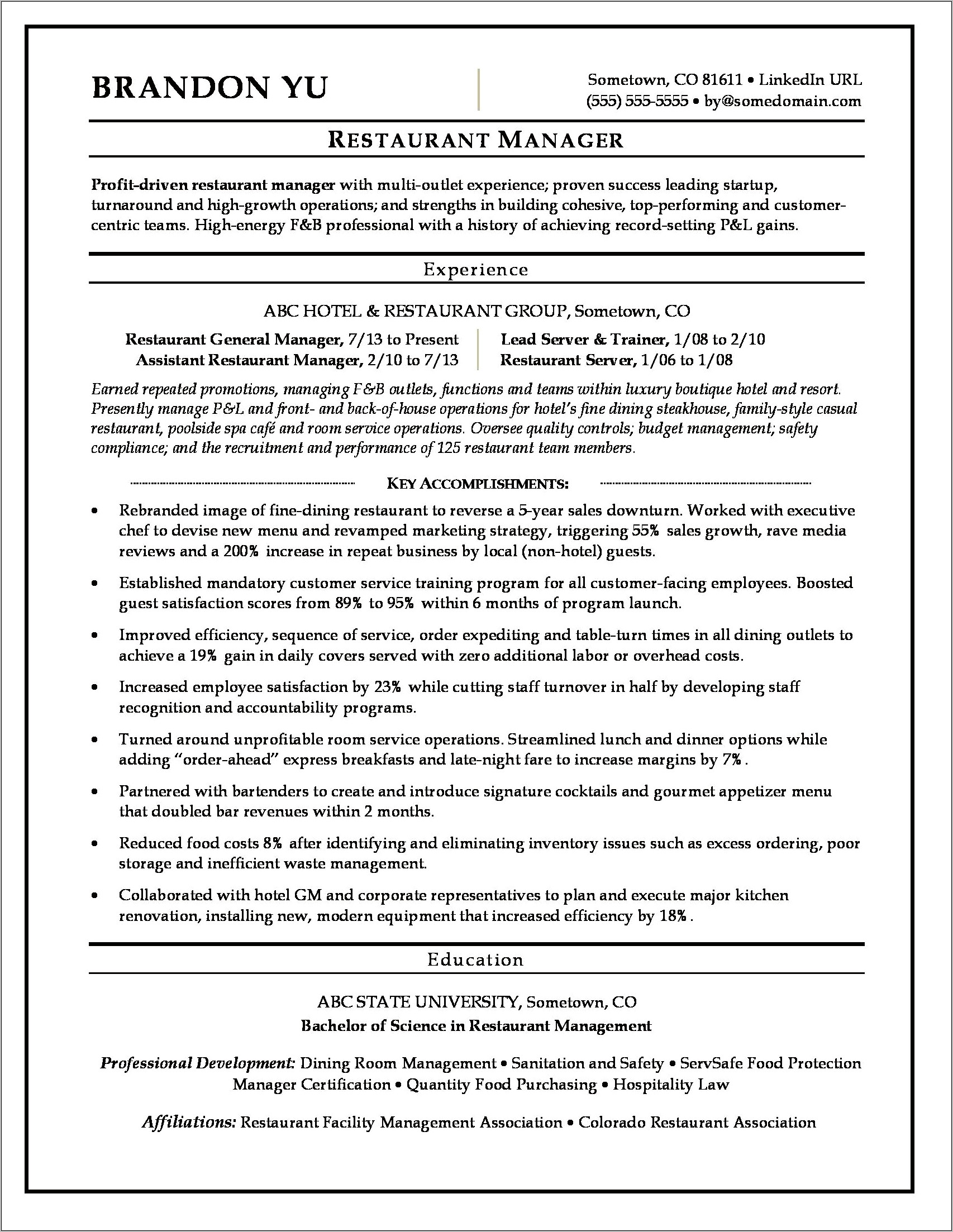 Assitant Restraunt Manager Work Experience Resume
