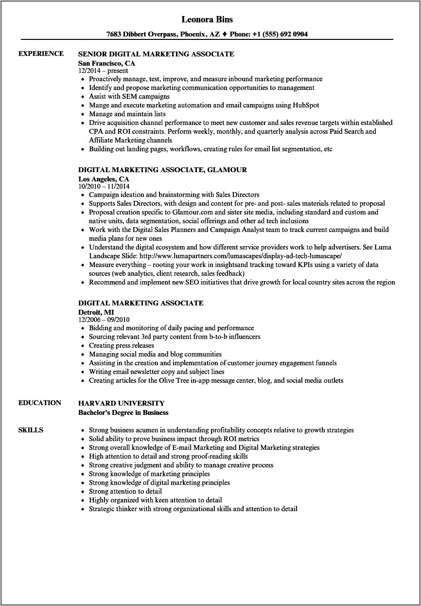 Associate Degree In Marketing On Resume Examples