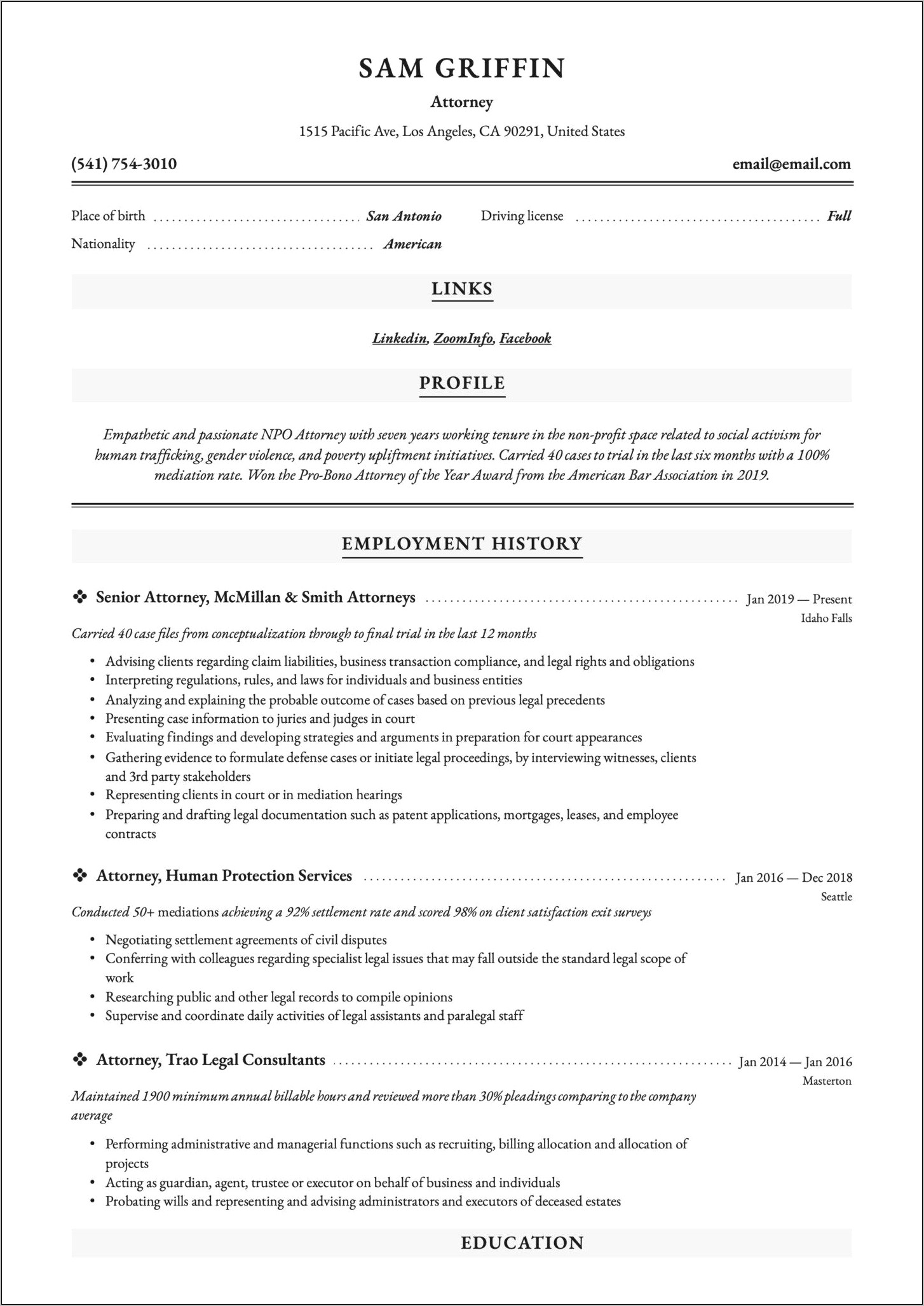 Attorney 4 Years After Law School Resume