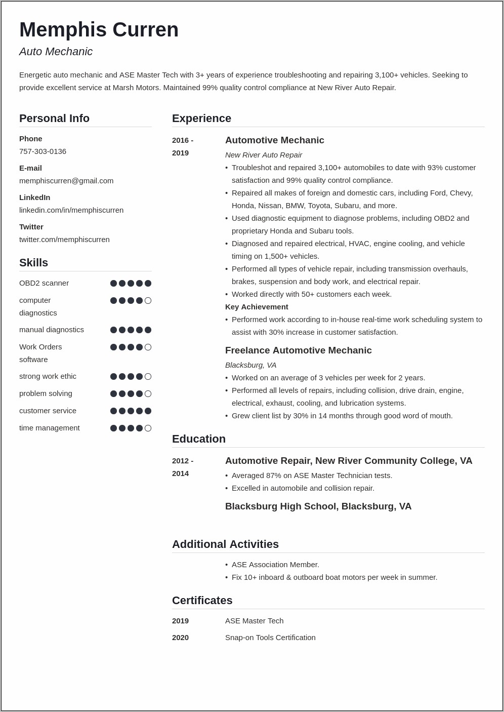 Auto Body Technician Description For Resume
