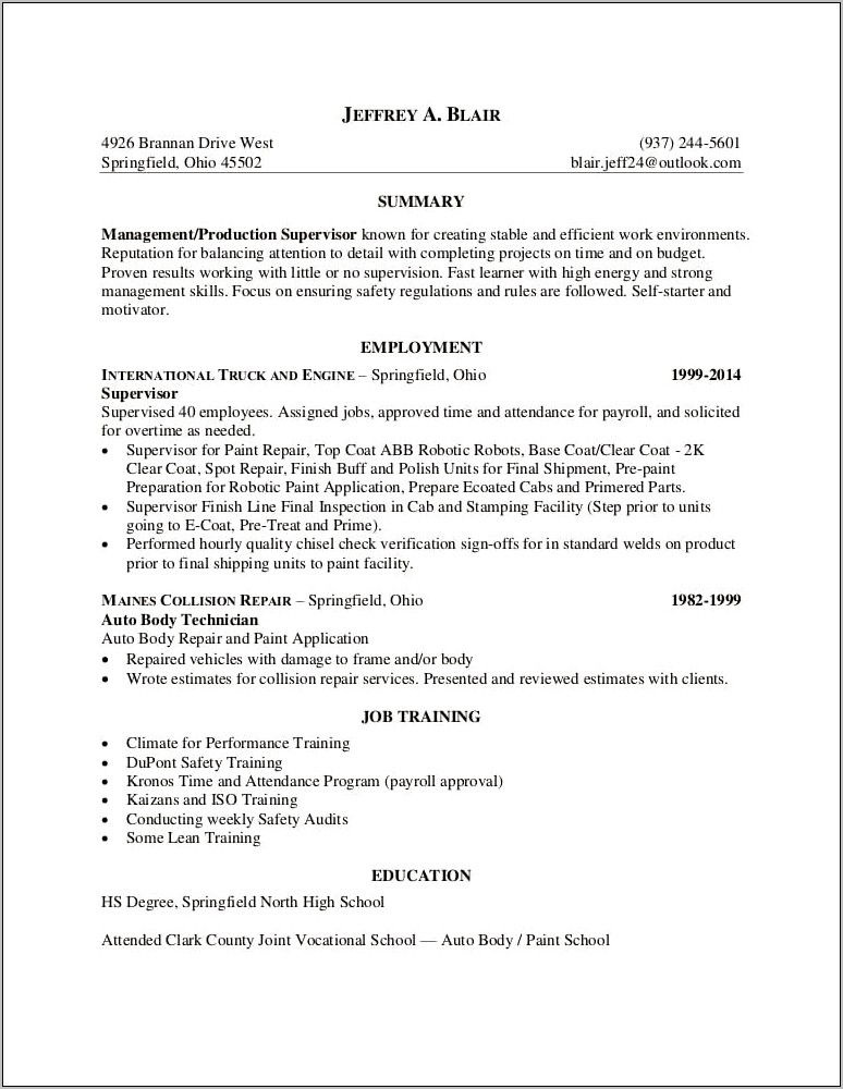 Auto Body Technician Job Description For Resume