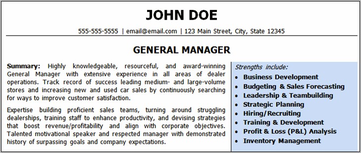 Auto Parts Store Manager Sample Resume
