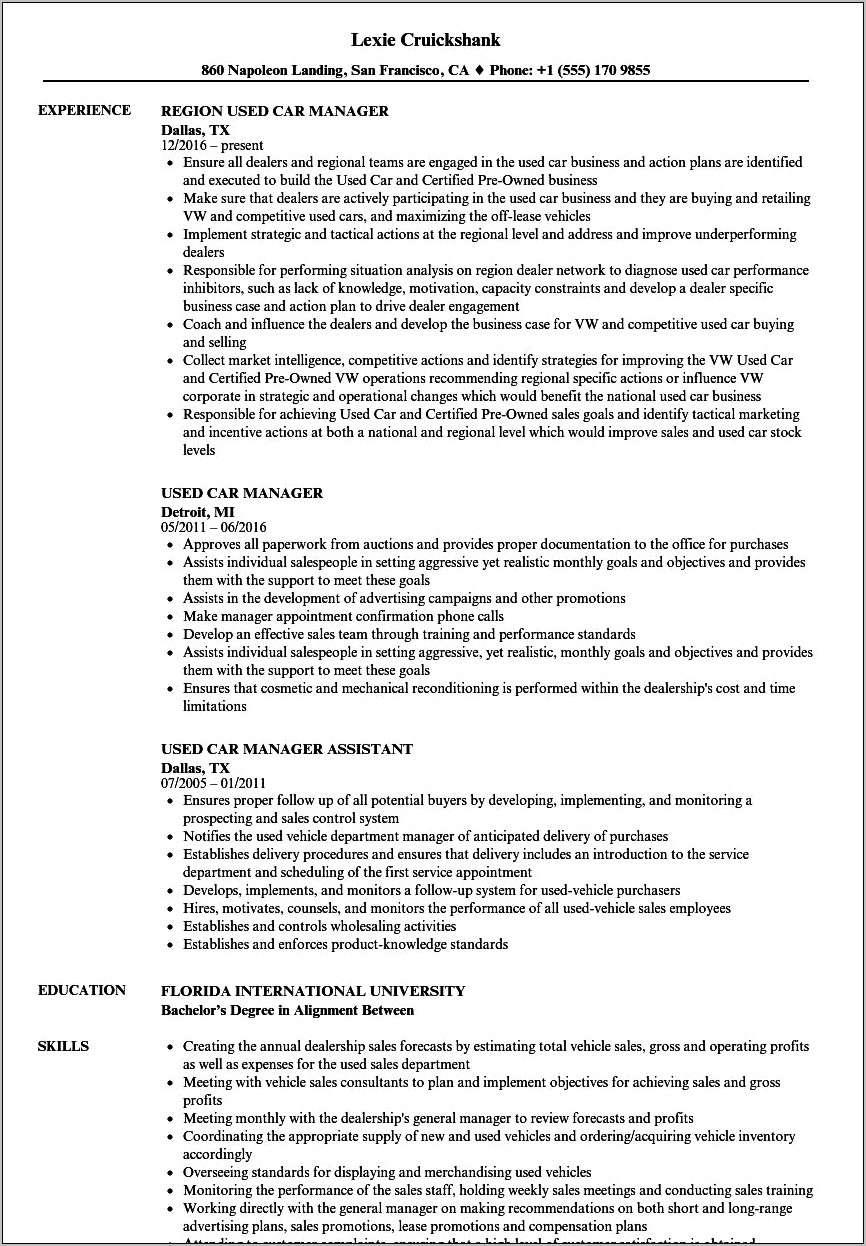 Auto Sales Manager Job Description For Resume