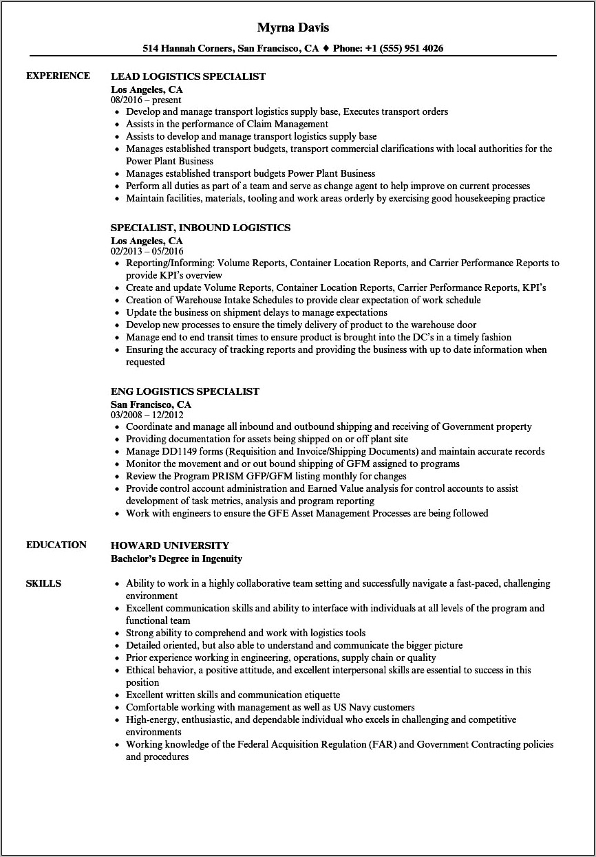 Automated Logistical Specialist Resume Sample