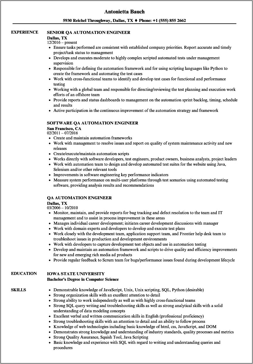 Automation Testing Resume For 4 Years Experience