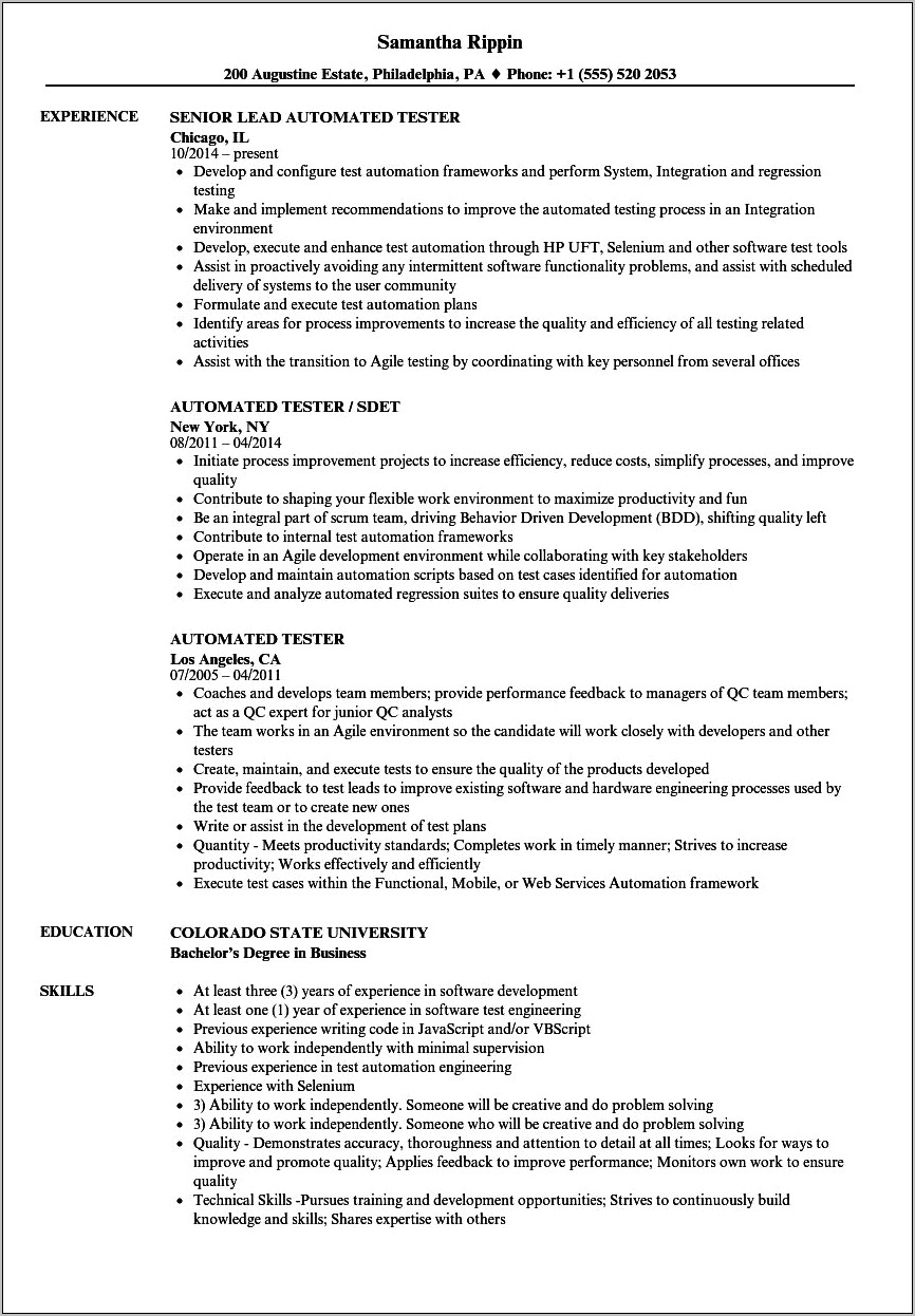 Automation Testing Resume For 6 Years In Experience