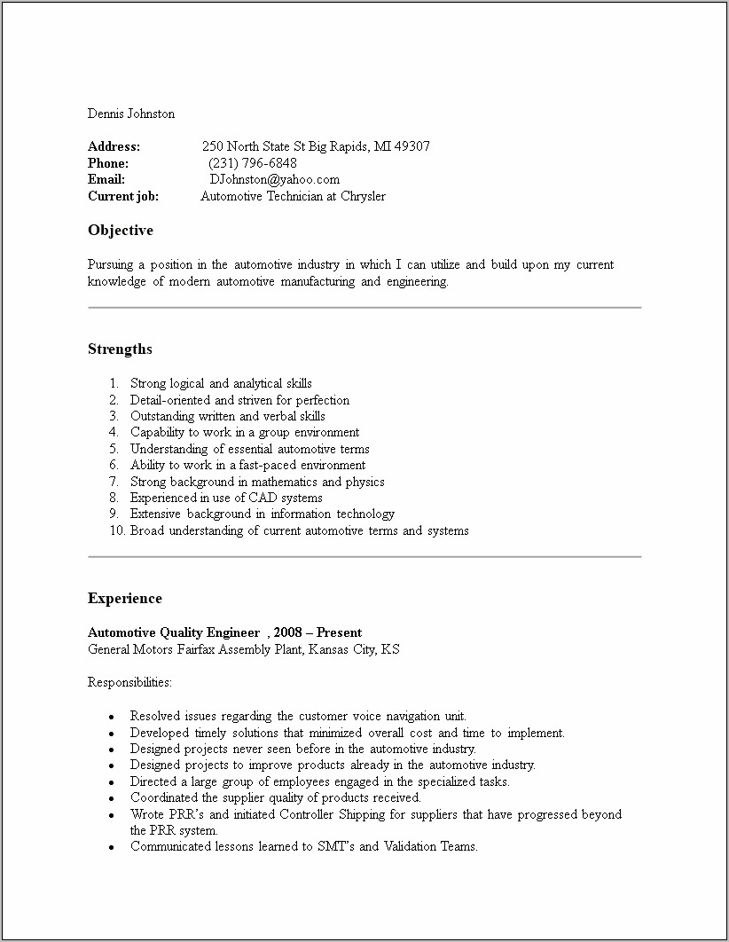 Automotive General Labor Skills For A Resume
