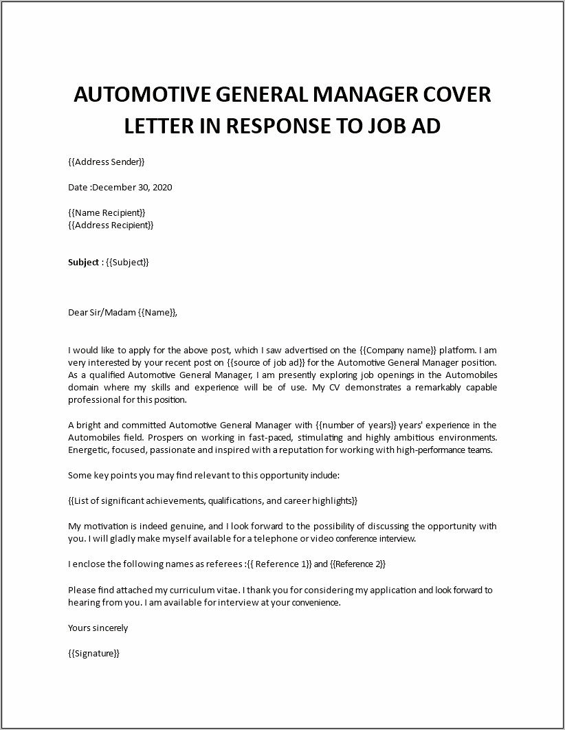 Automotive General Sales Manager Resume Sample