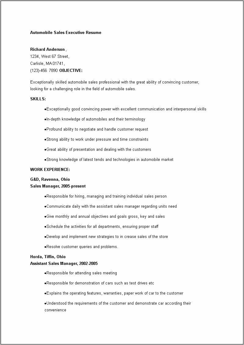 Automotive Sales Job Description For Resume