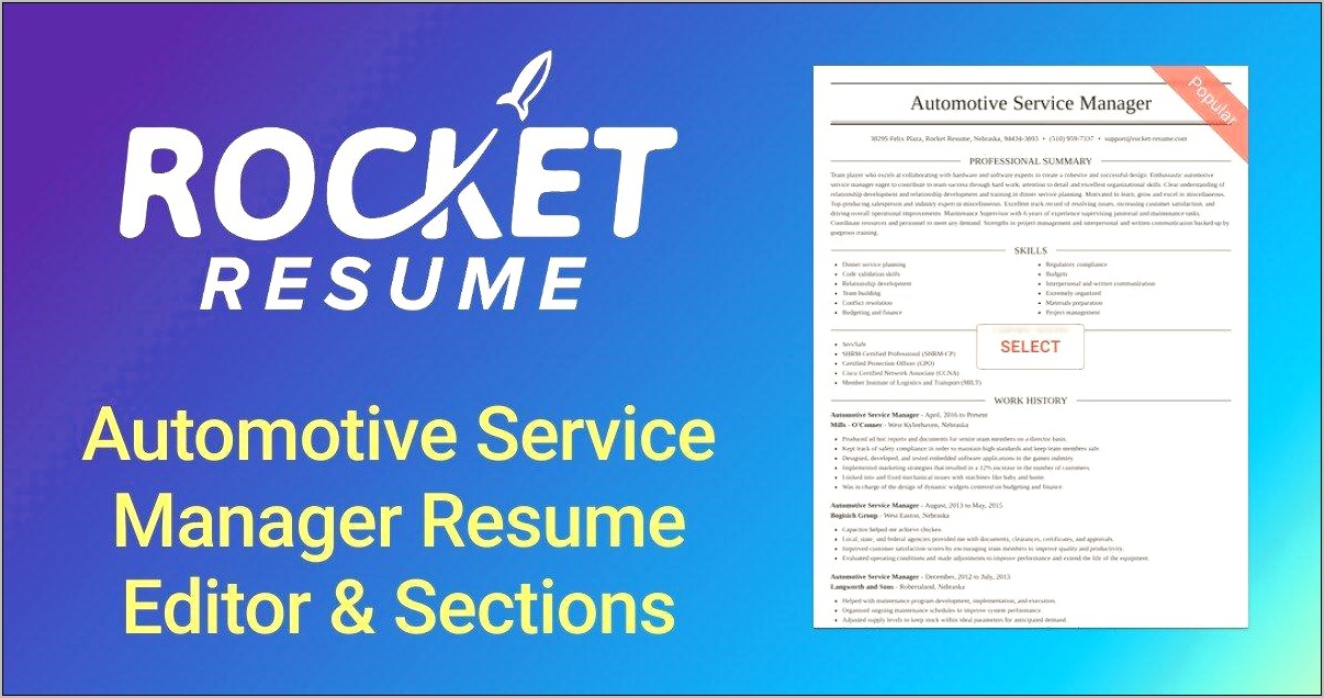 Automotive Service Manager Job Description Resume
