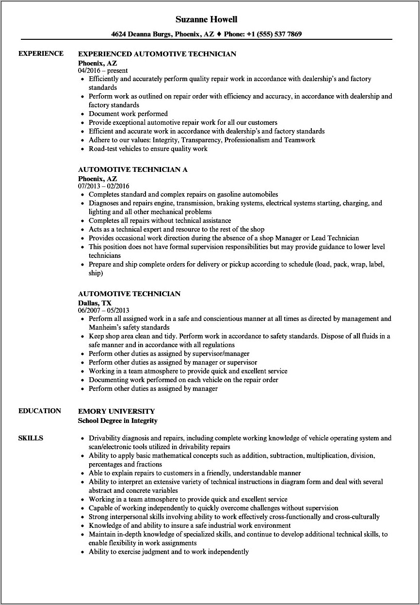 Automotive Technician Resume Examples Entry Level