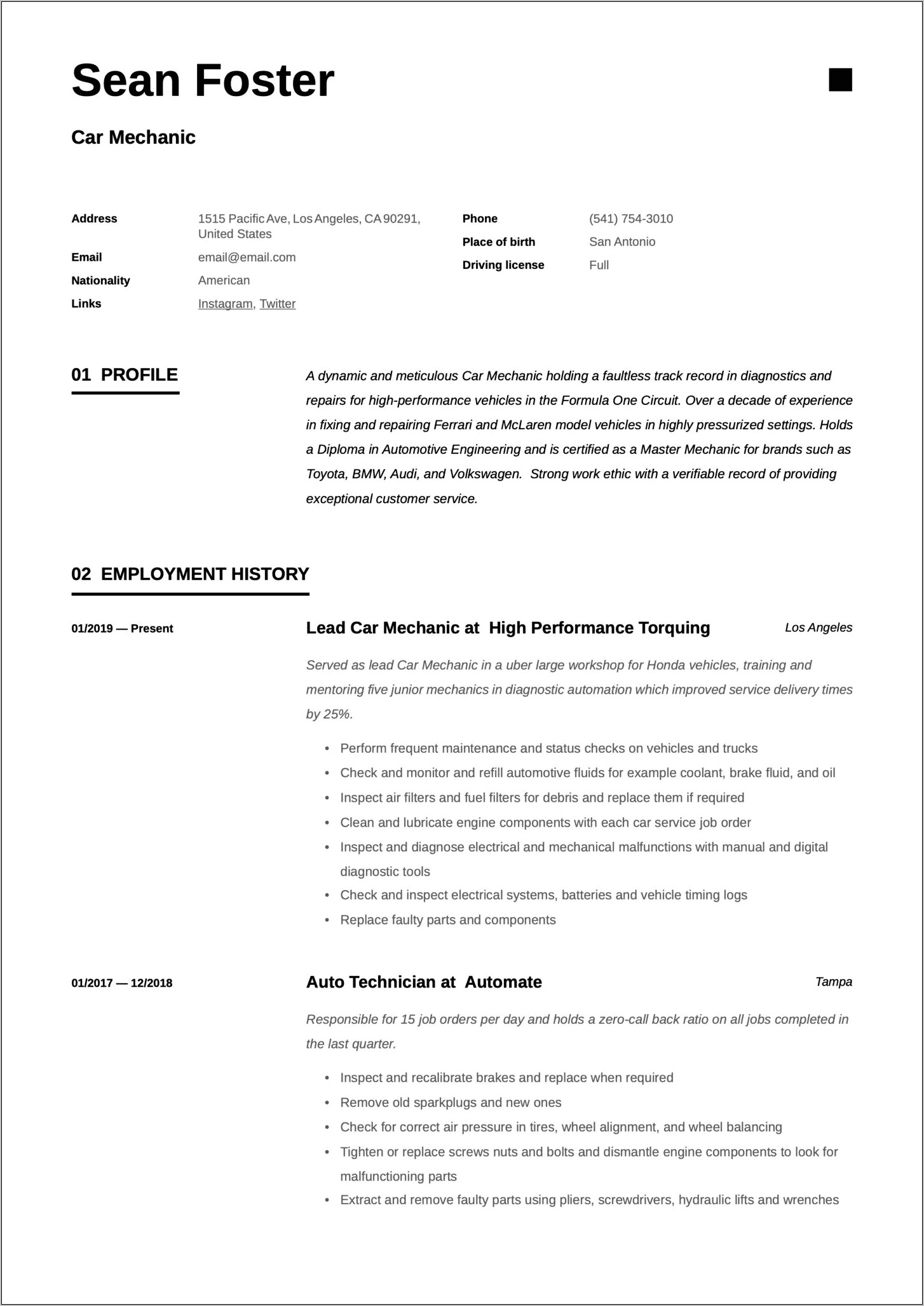 Automotive Technician Work Experience For Resume