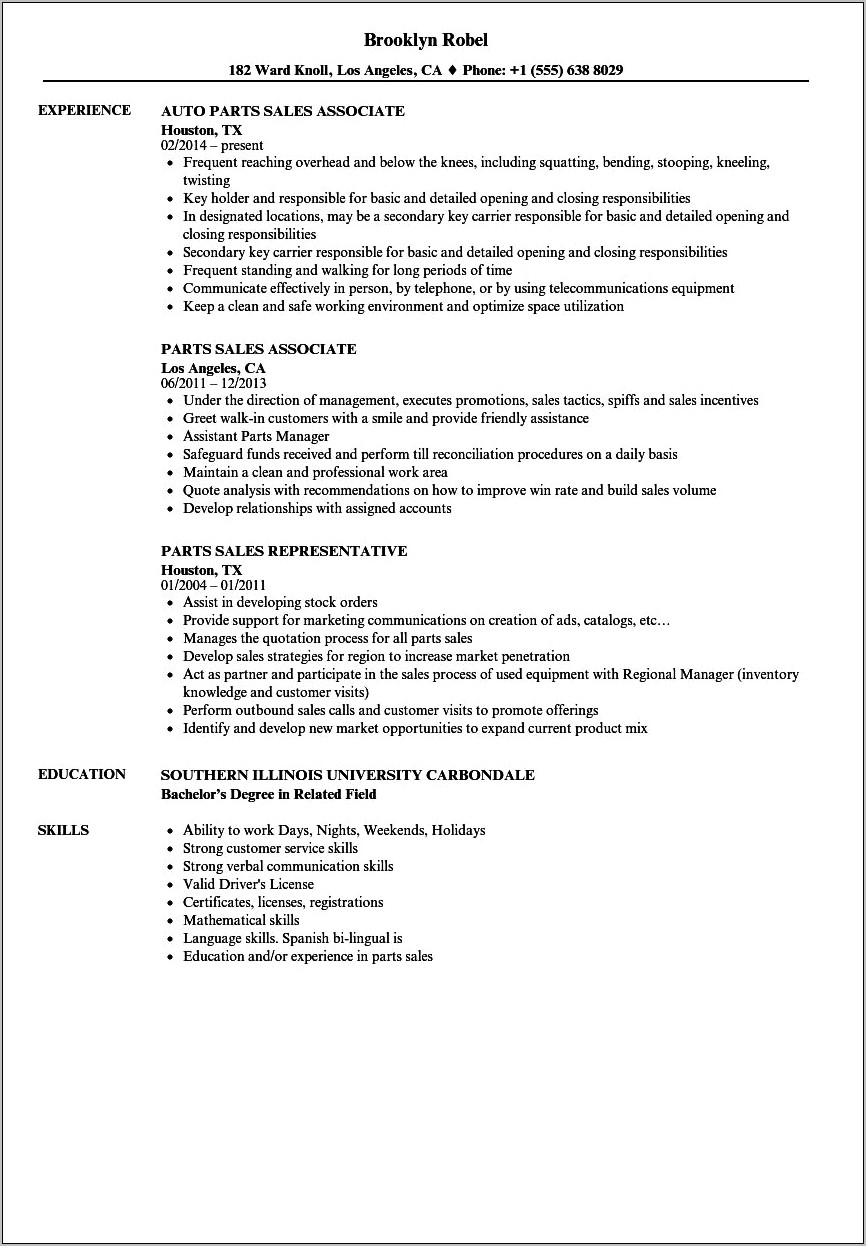 Autozone Parts Sales Manager Resume Description