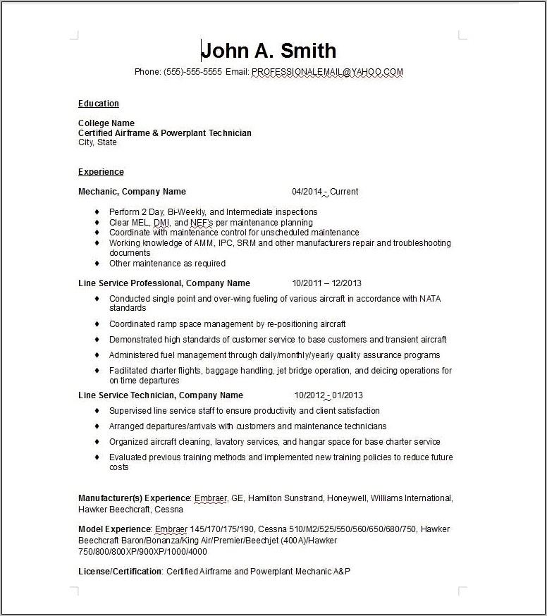 Aviation Mechanic With Experience Sample Resume