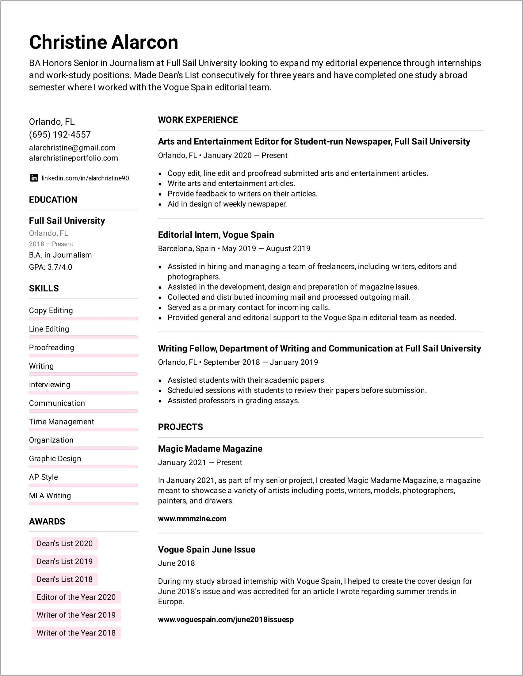 Awards And Achievements In Resume Examples