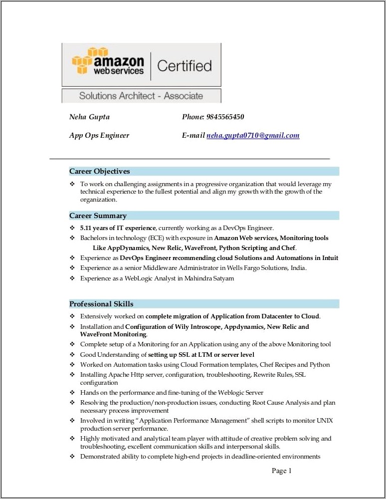 Aws Sample Resume For 1 Year Experience