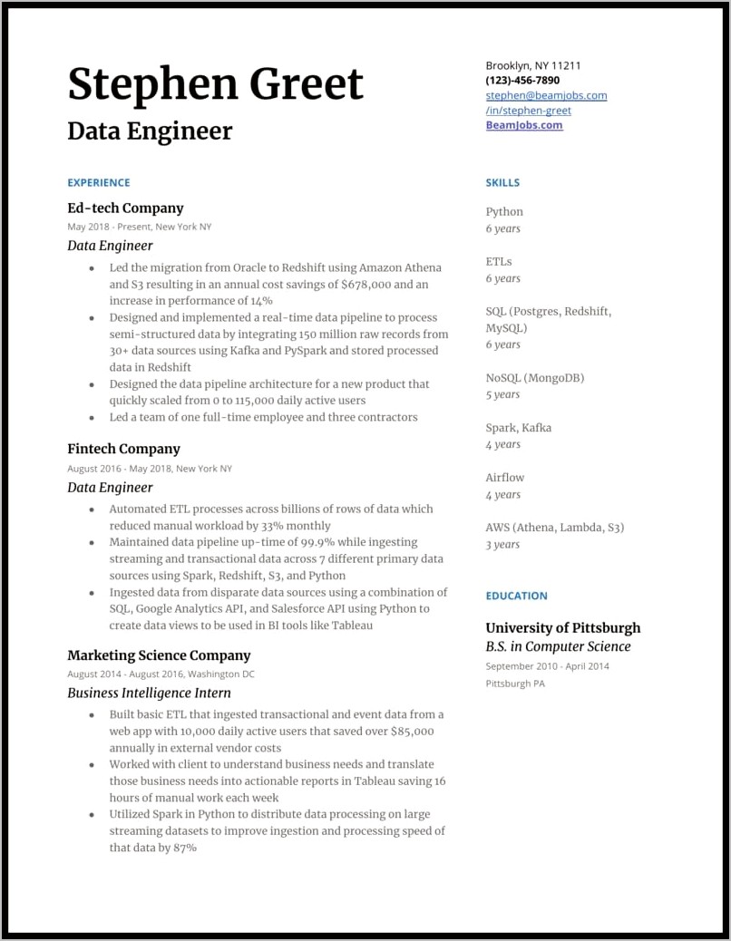 Azure Data Lake Sample Resume