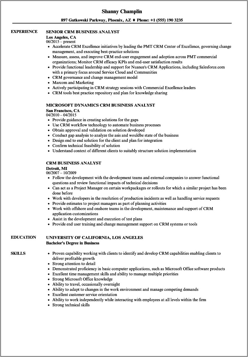 Ba Resume With Erp Business Rules Experience Example