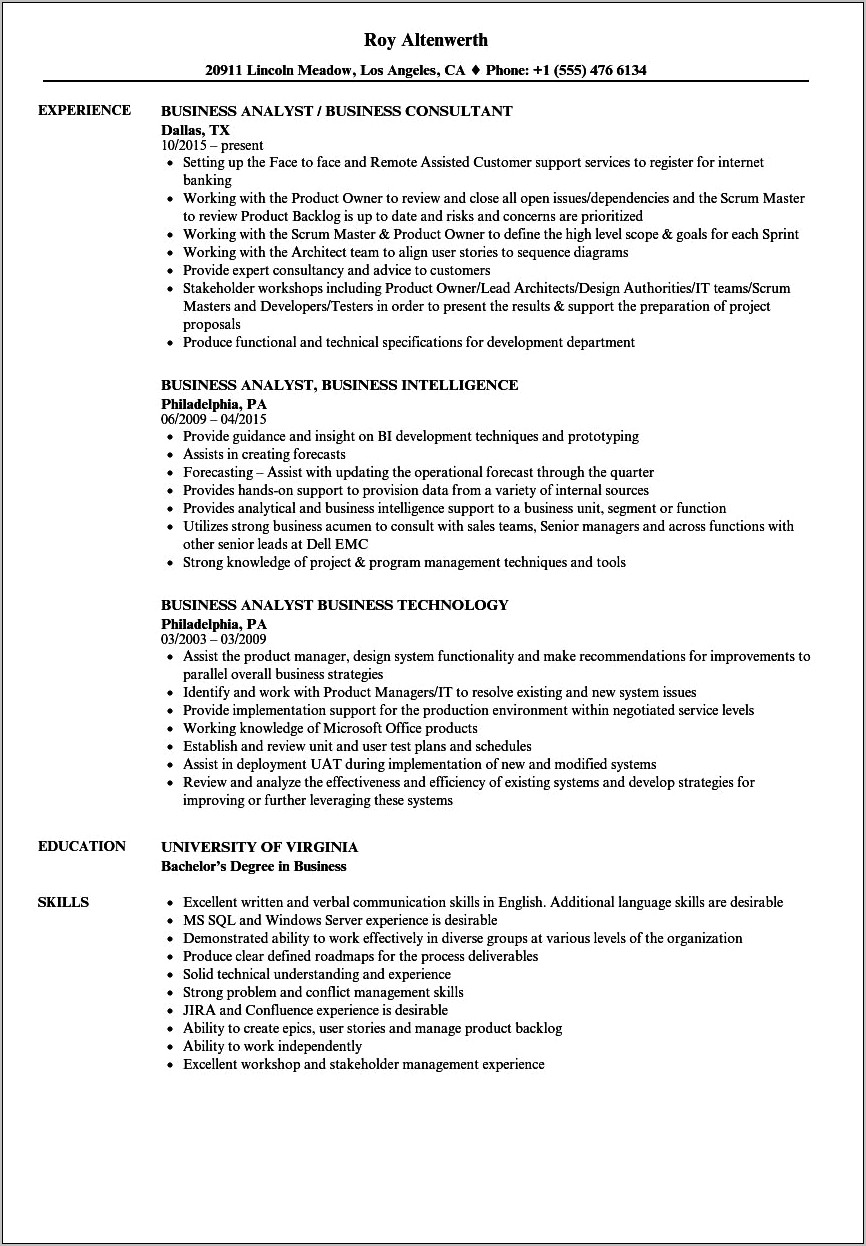 Ba Resume With Irp Business Rules Experience Example