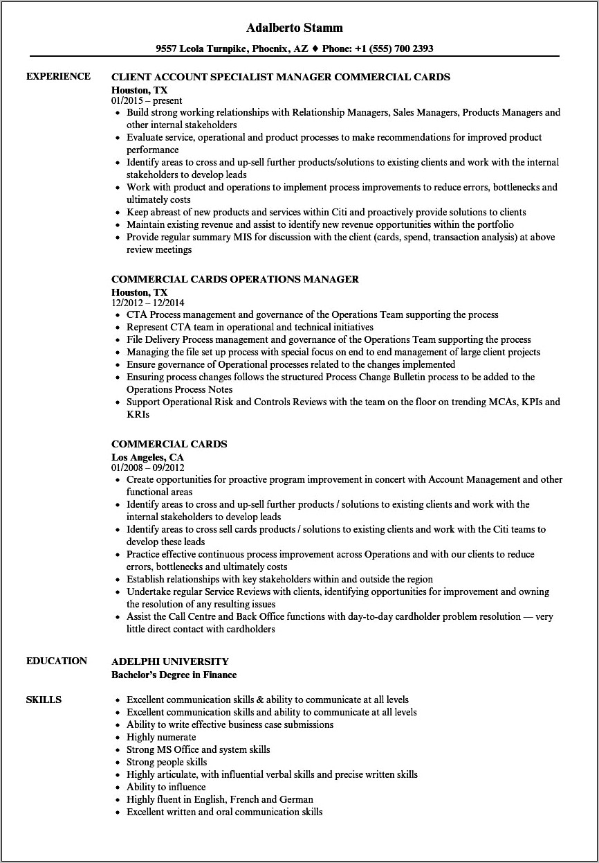 Ba With Credit Card Experience Sample Resume
