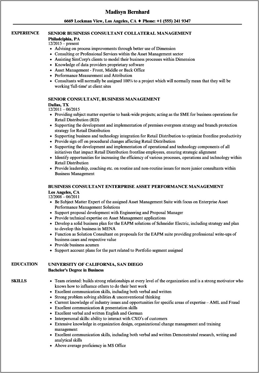 Bachelor Of Science In Business Management Resume