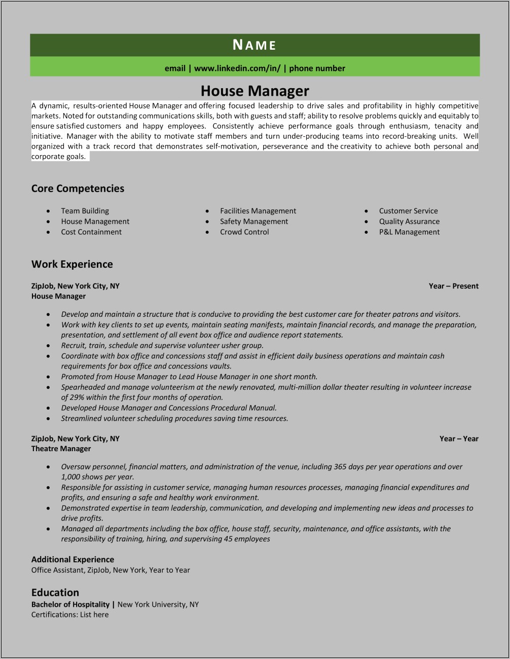 Back Of House Manager Job Description For Resume