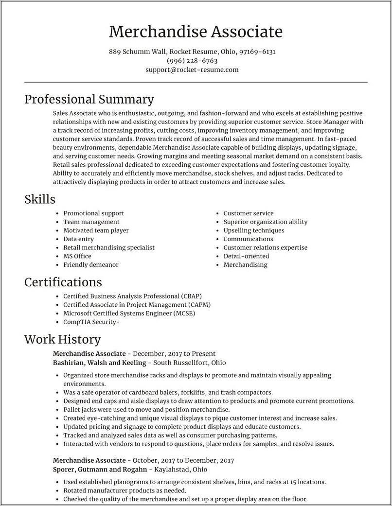 Backroom Associate Job Description Resume