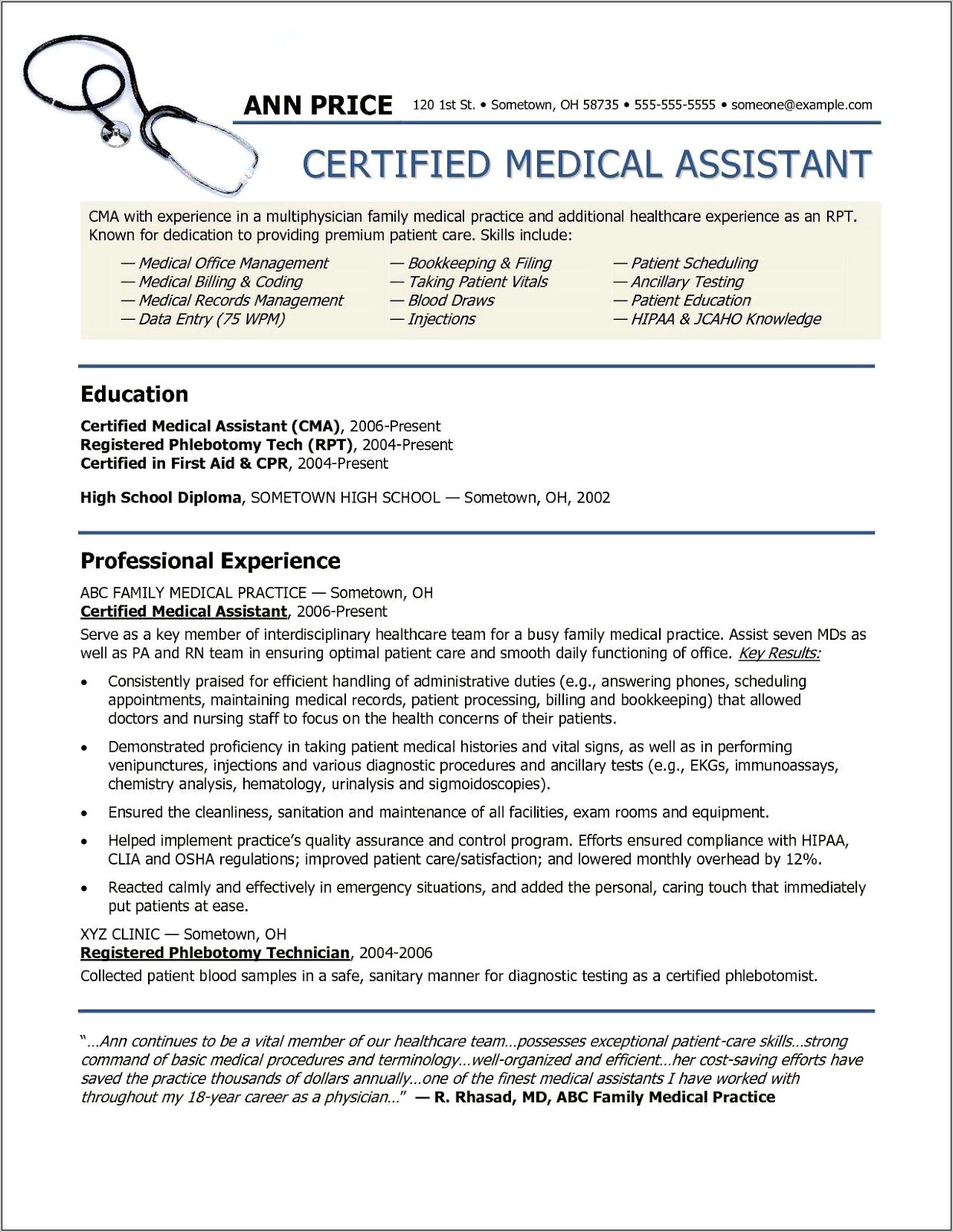 Baker College Medical Assistant Resume Examples