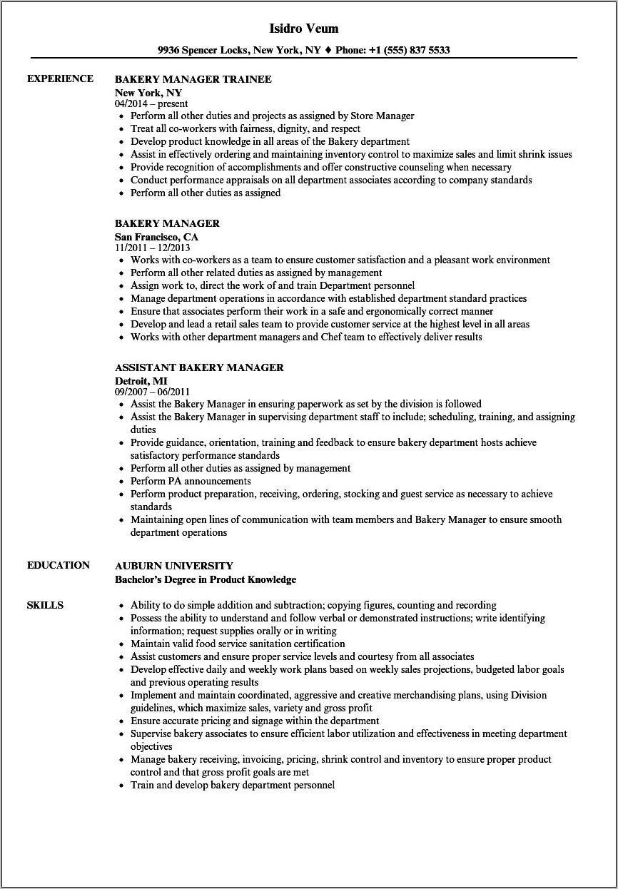 Bakery Shop Manager Resume Skills And Responsibilities