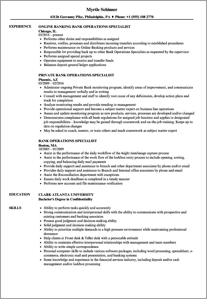 Bank Atm Specialists Job Description For Resume