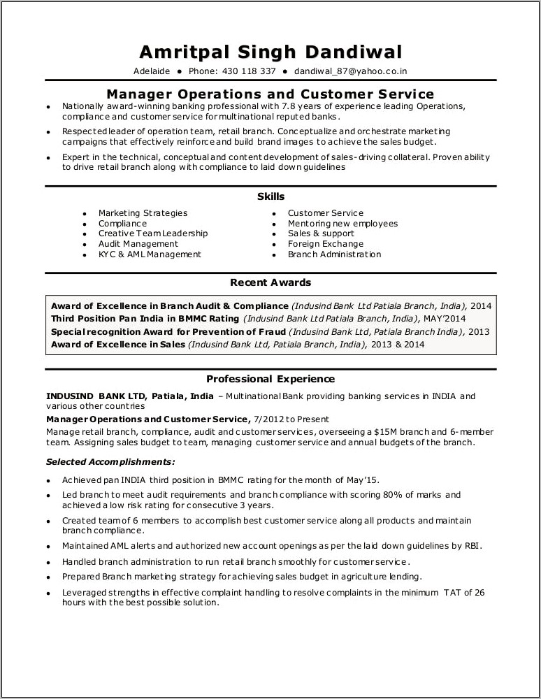 Bank Branch Operations Manager Resume Sample