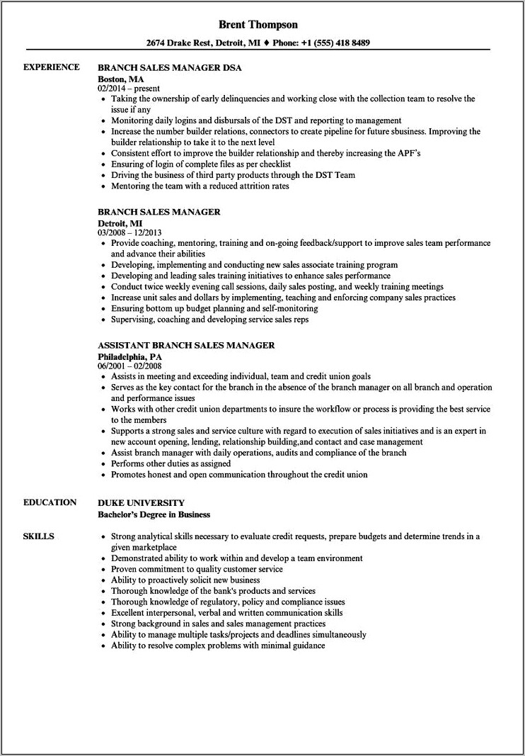 Bank Branch Sales Manager Resume India