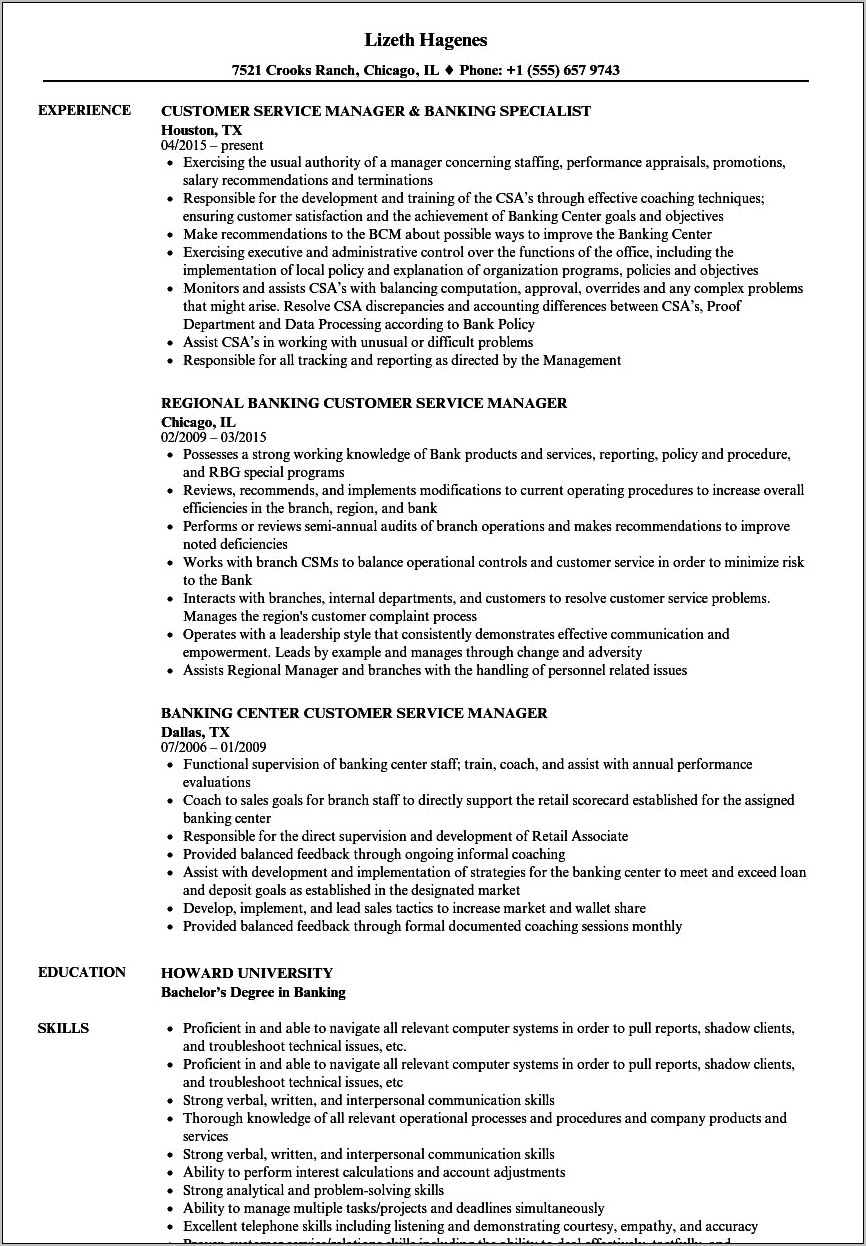 Bank Customer Service Job Description Resume