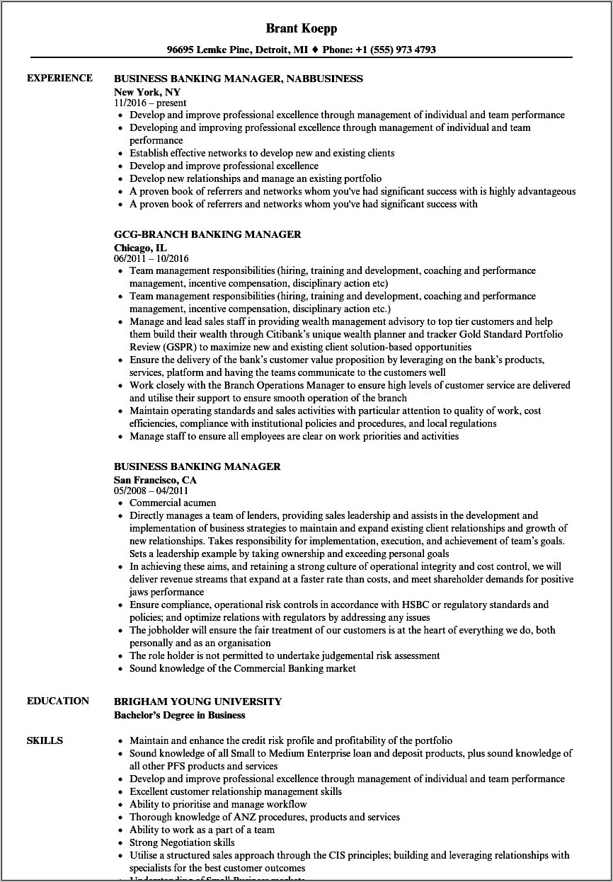 Bank Manager On Duty Resume
